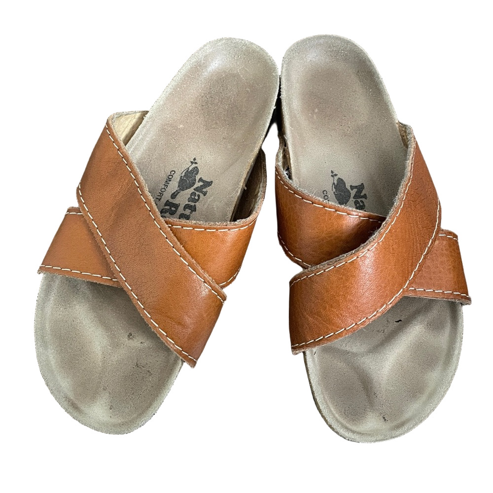 Vintage Roots Brown Crisscross Leather Slide Sandals - 35, fits like 6US 🇨🇦